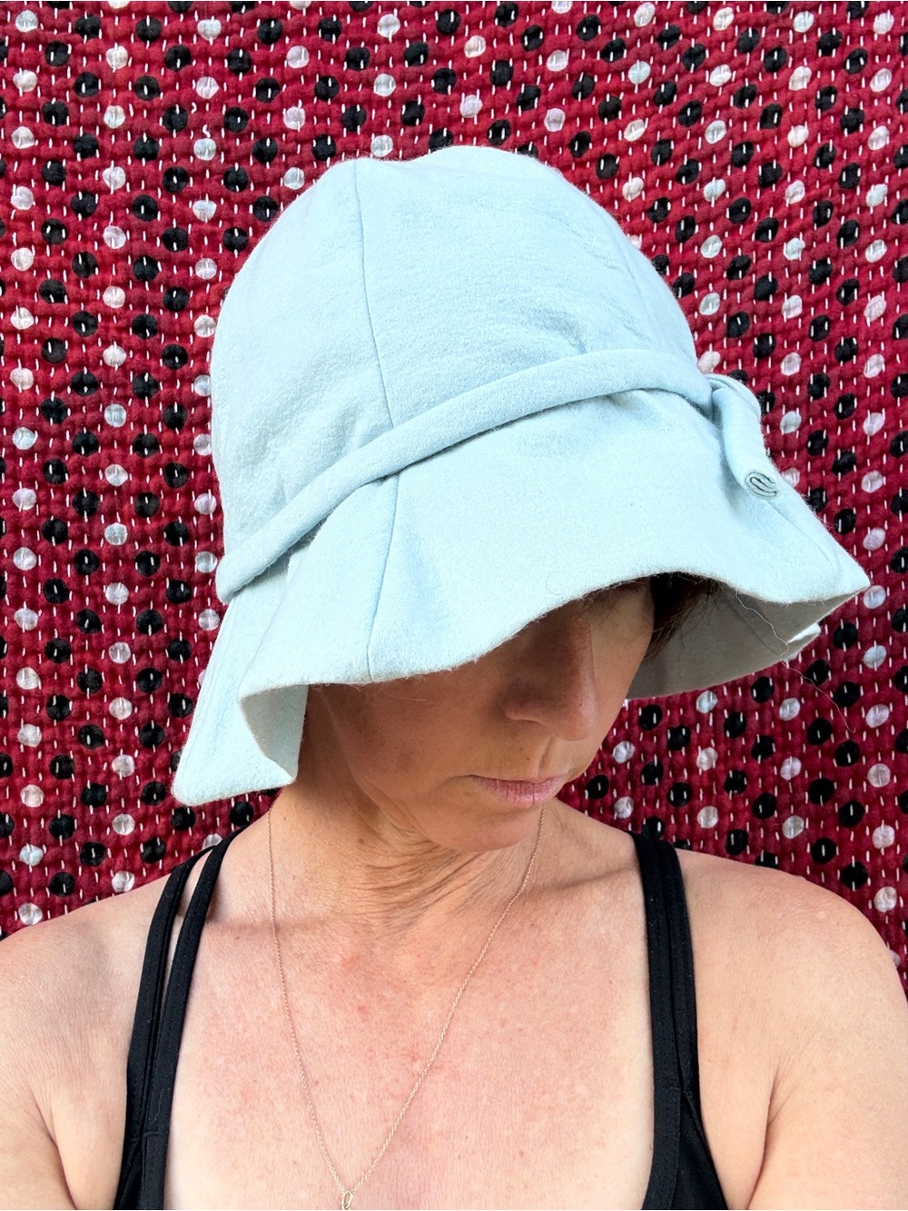 Vintage handmade wool Cloche Hat powder blue bow cottagecore grandma holly hobby